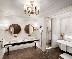 A luxurious bathroom with a marble floor, a double sink vanity, a freestanding bathtub, and a walk-in shower. - Sawai Man Mahal, Jaipur (Jaipur)