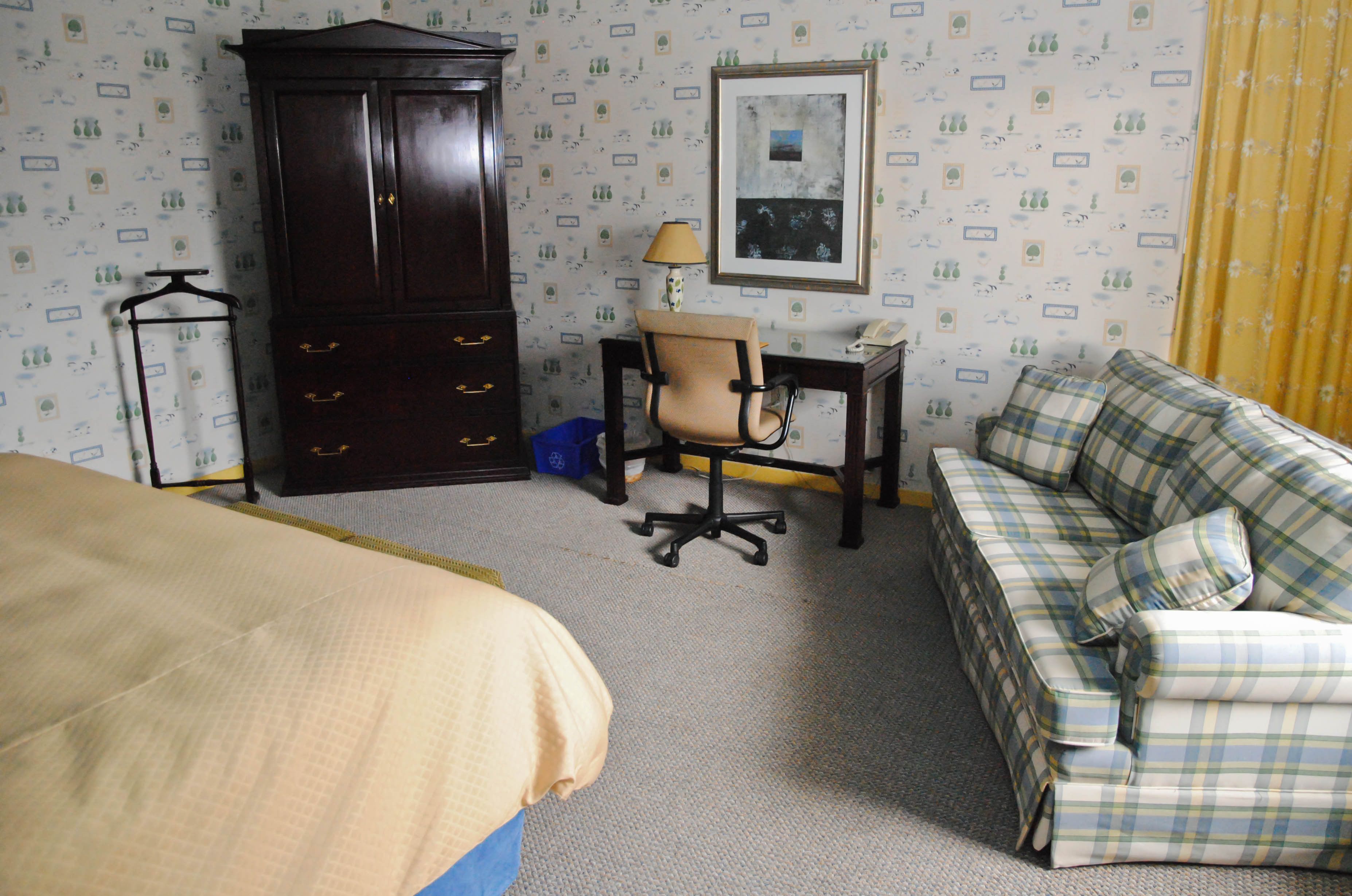 A hotel room with a bed, a desk, a chair, a wardrobe, and a sofa.