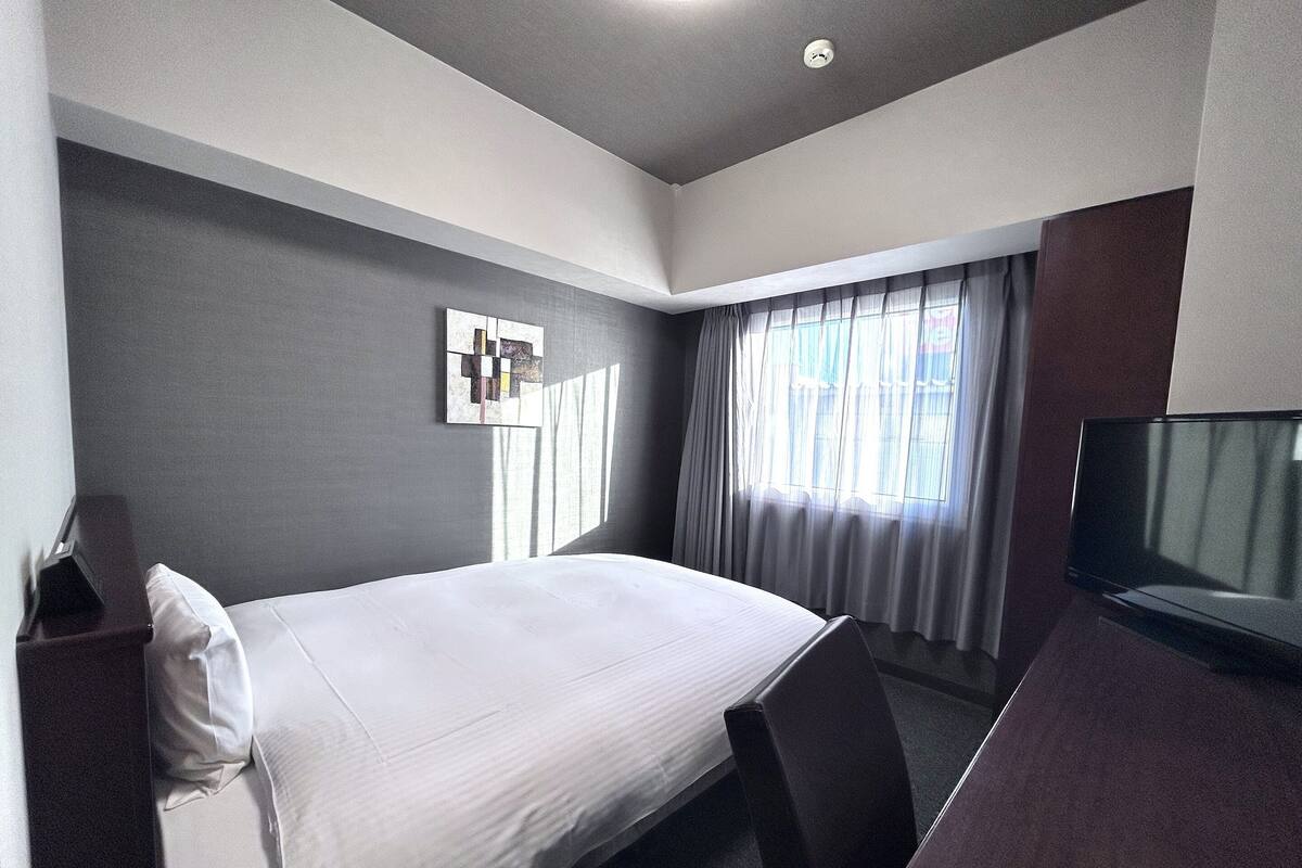 A hotel room with a bed, a desk, a television, and a window with curtains.