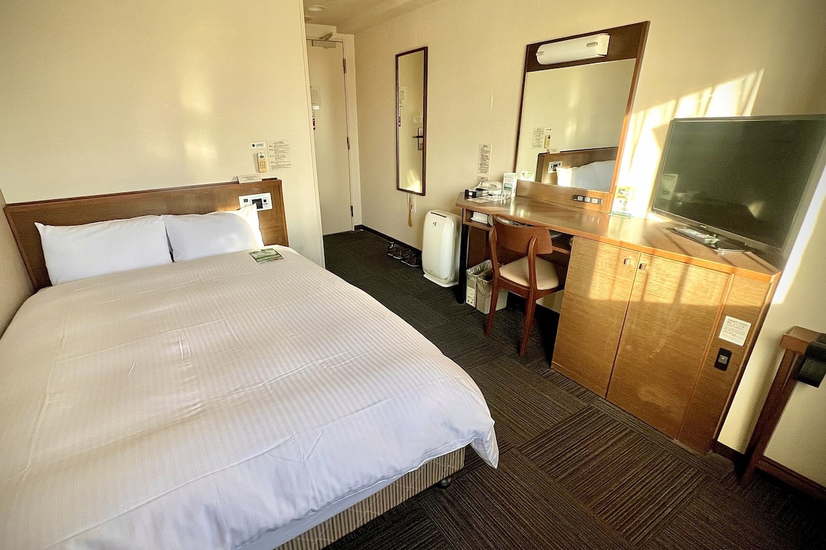 A hotel room with a bed, a desk, a chair, a television, and a mirror.