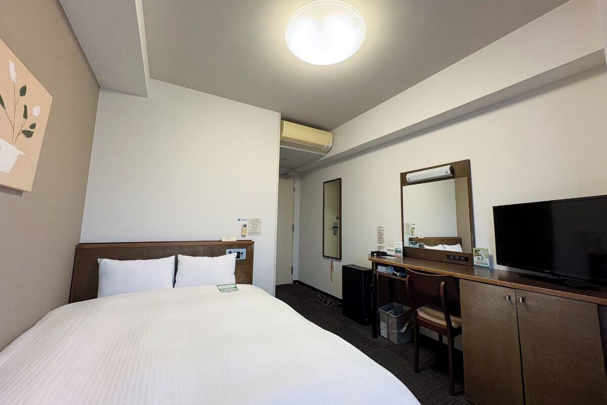 A hotel room with a bed, a desk, a television, and a mirror.