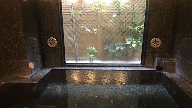 A spa area with a glass-enclosed hot tub, stone walls, and a view of greenery outside. - Hotel Route Inn Tosu Ekimae (Tosu)