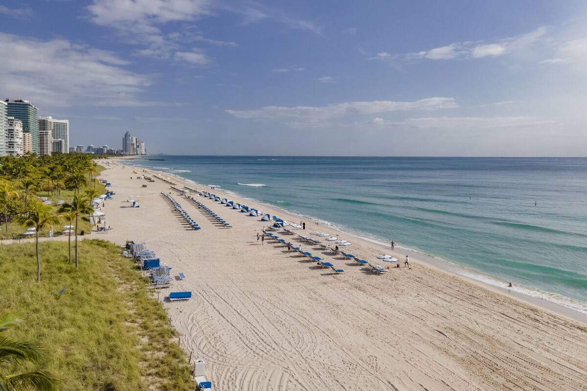 Una playa extensa con hileras de sillas y sombrillas azules, un cielo despejado y un horizonte urbano a lo lejos.