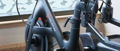 An exercise bike with a screen displaying a scenic view, positioned in a room with patterned wallpaper and a treadmill in the background.