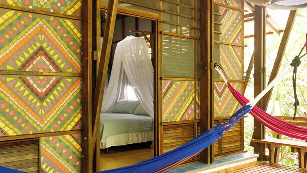 Una habitación con una cama bajo un dosel, una hamaca y paredes con diseños.