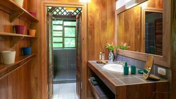 Dusche, Regendusche, Designer-Toilettenartikel, Handtücher
