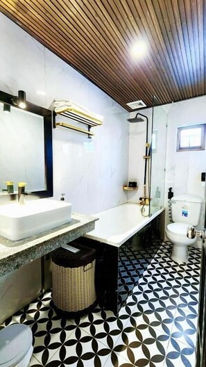 Combined shower/bathtub, free toiletries, hair dryer, bathrobes
