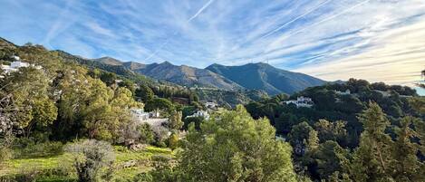 A mountainous landscape with scattered buildings, dense greenery, and a clear sky with contrails.
