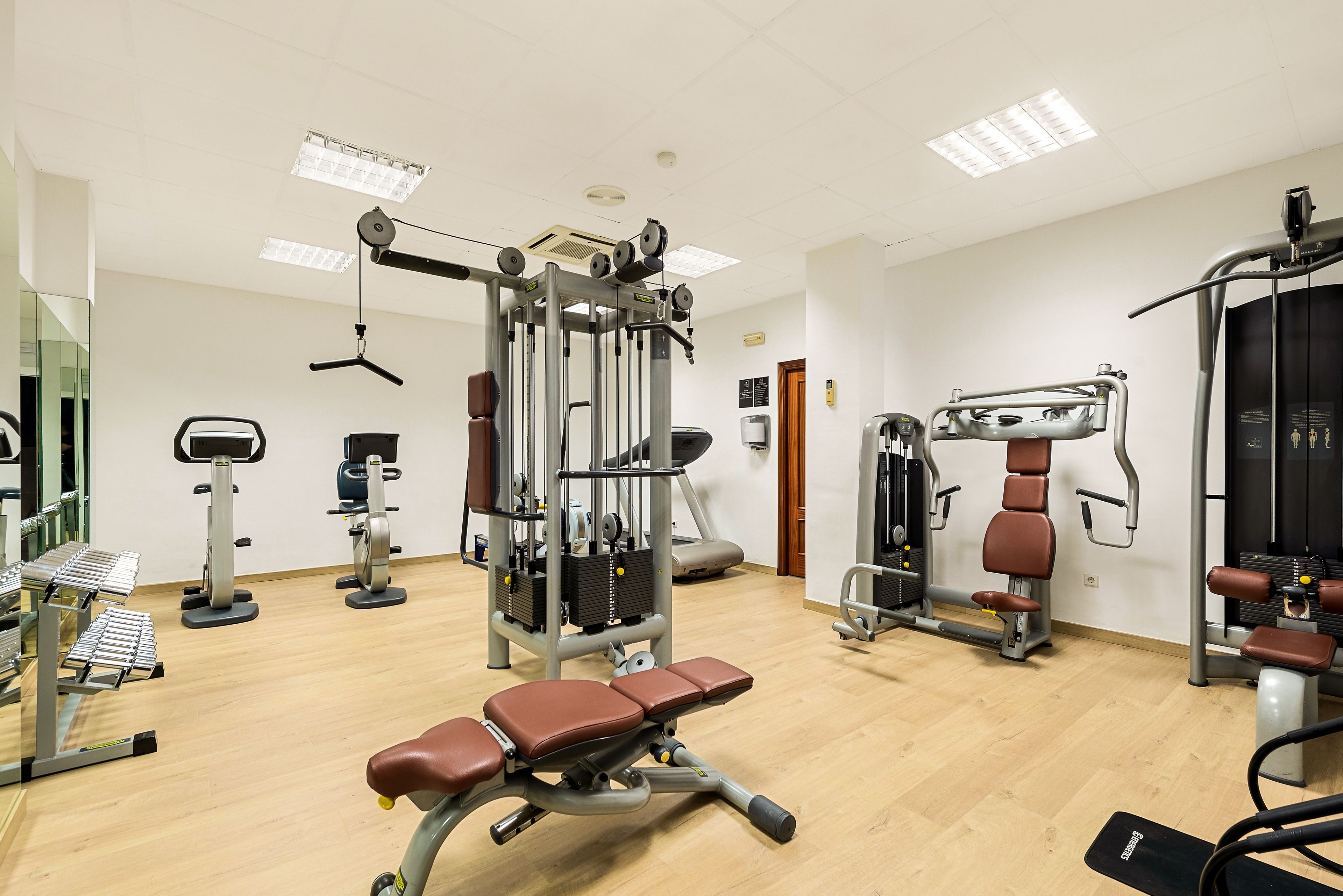 A gym with various exercise machines, a bench press, and a mirrored wall.