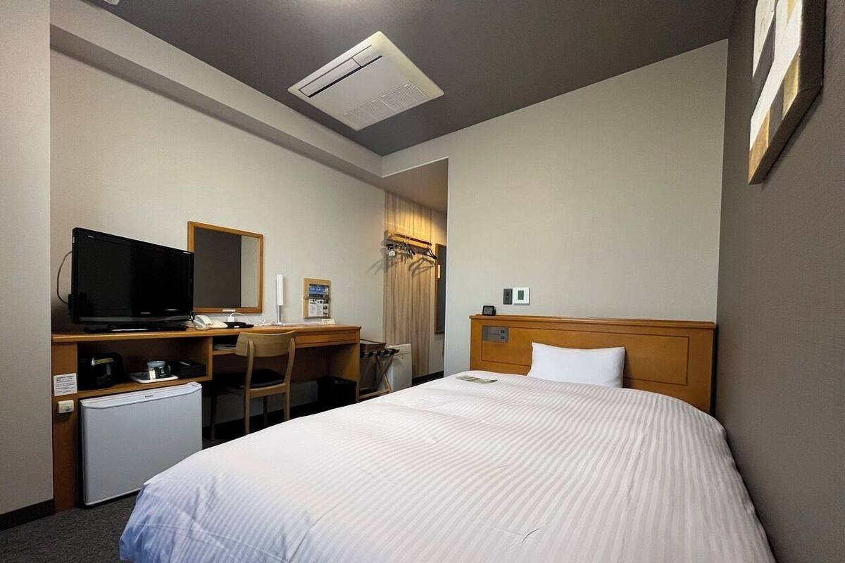 Habitación de hotel con una cama, un escritorio con computadora, televisor y refrigerador pequeño.