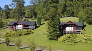 A cluster of cabins with a grassy hill and dense trees in the background. - Mirador Los Volcanes Lodge & Boutique (Pucón)