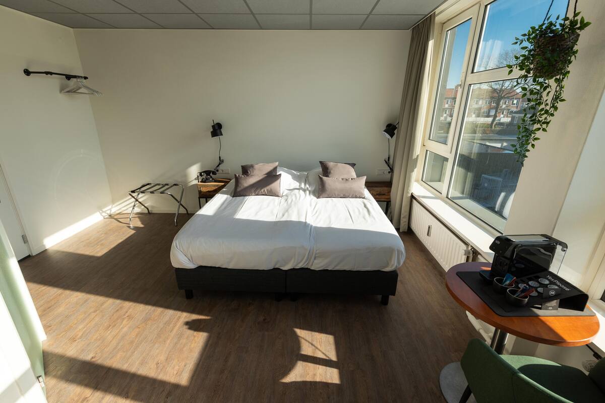 Een netjes opgemaakt bed met kussens, een nachtkastje met een lamp, een hangplant en een raam met uitzicht op gebouwen.