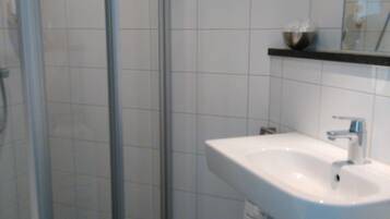 A bathroom with a glass shower enclosure, a white sink with a chrome faucet, and a small shelf above the sink.