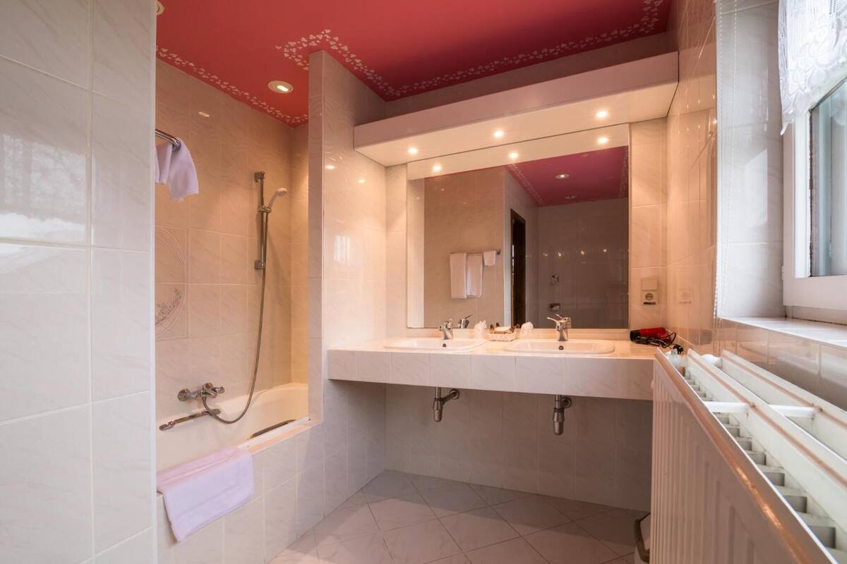 combined shower/bathtub, free toiletries, hair dryer, towels