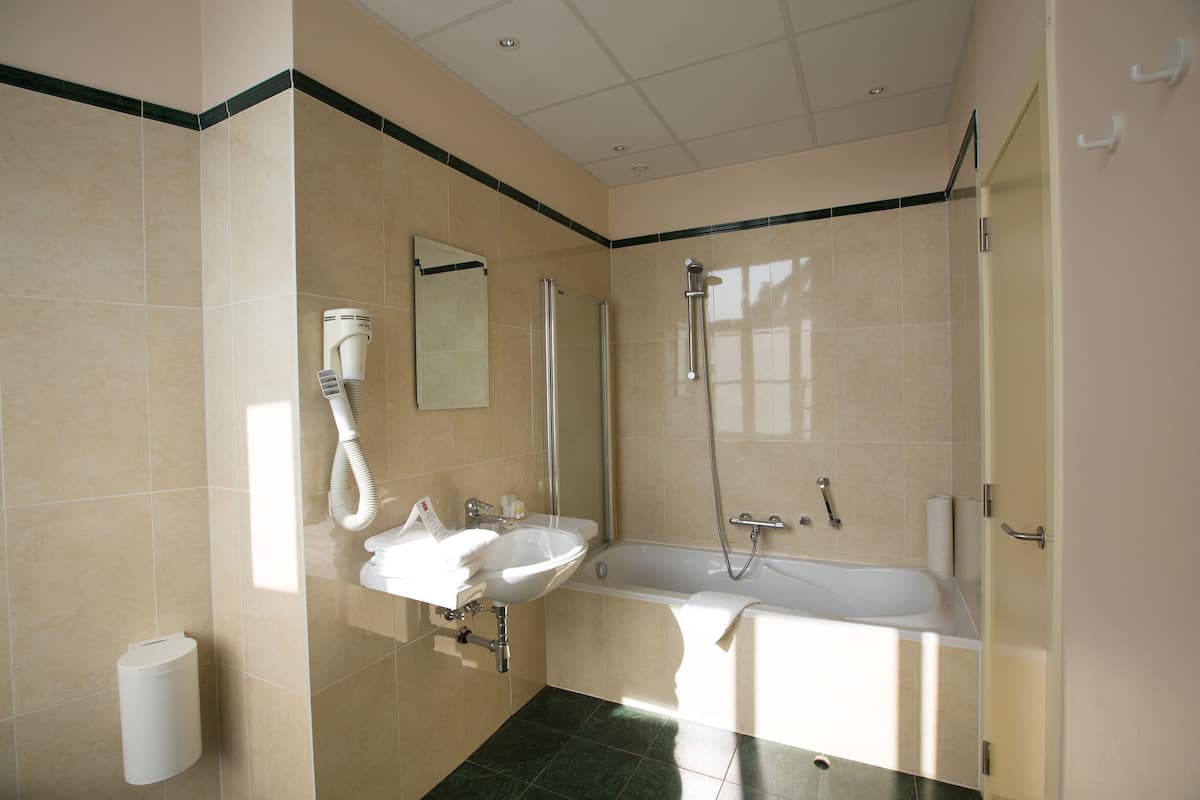 free toiletries, hair dryer, towels