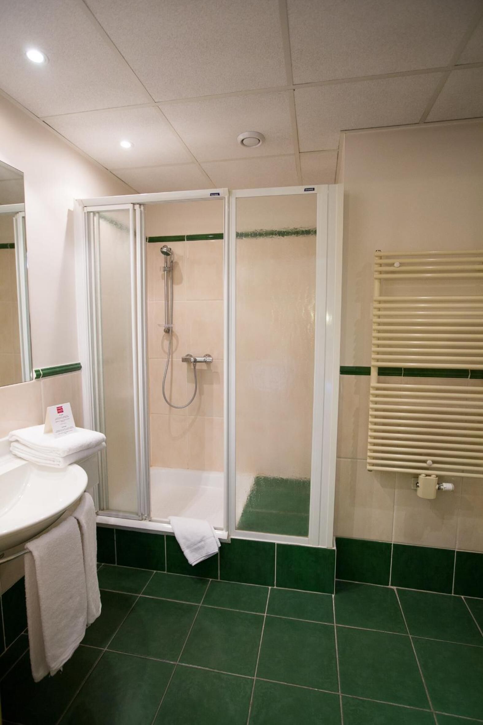 A bathroom with a shower enclosure, a sink with a mirror, and a towel rack.
