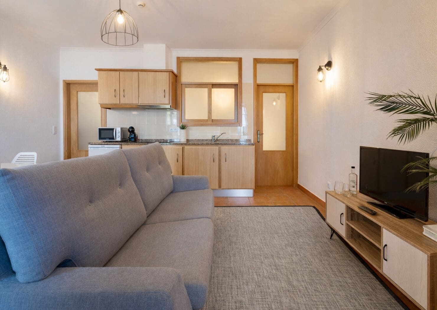 A modern living room with a grey sofa, a TV, and a kitchen area with wooden cabinets and a microwave.