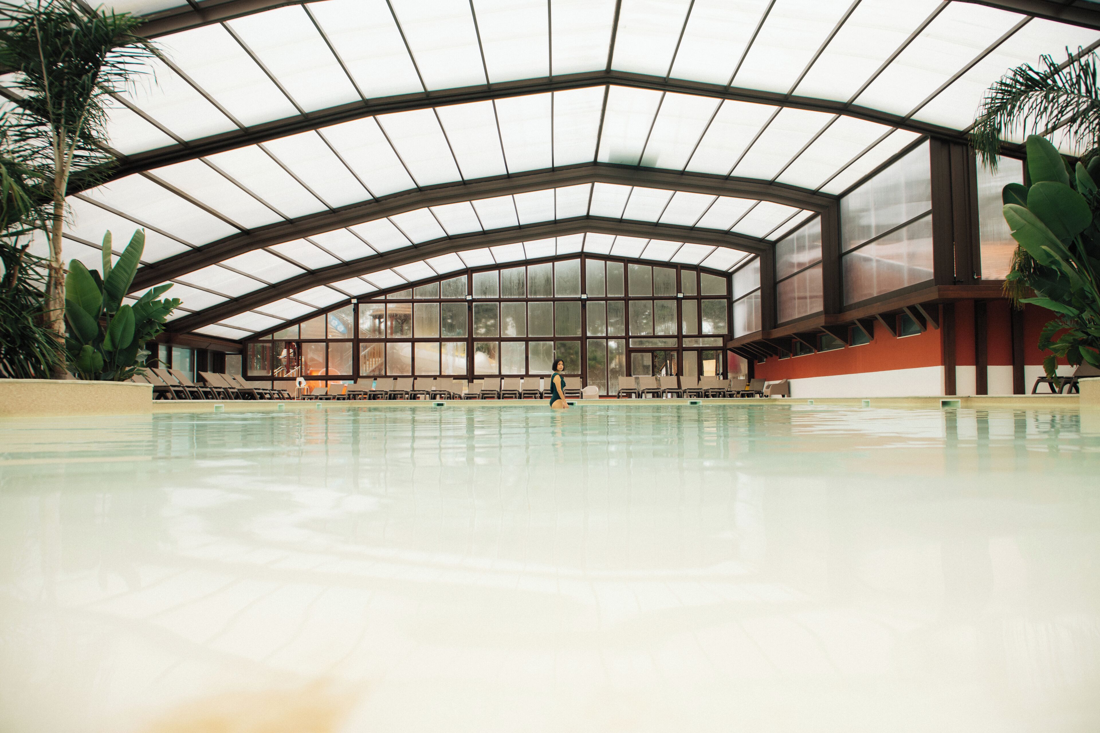 Une piscine intérieure dotée d’un toit en verre, entourée de palmiers et de chaises longues.