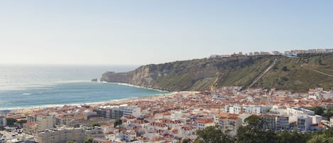 A coastal town with buildings along the beach and a cliff in the background.