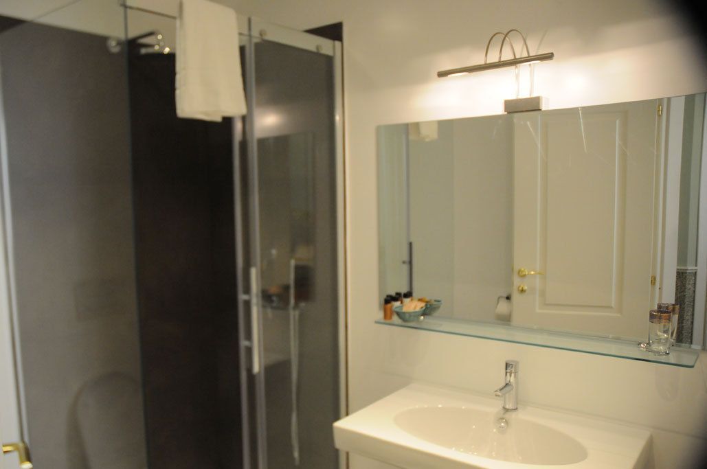 A bathroom with a glass shower enclosure, a white sink, and a large mirror above the sink.