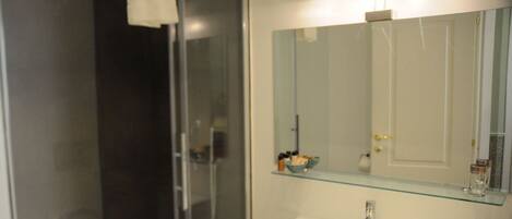 A bathroom with a glass shower enclosure, a white sink, and a large mirror above the sink.