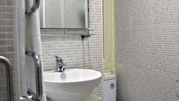 Shower, rainfall showerhead, hair dryer, towels