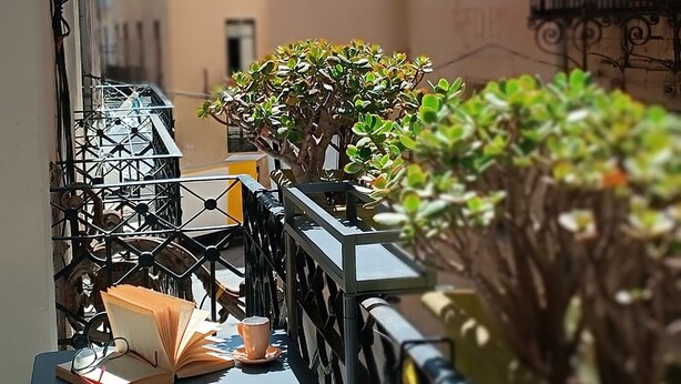A narrow outdoor corridor with tables and chairs, a potted plant, and a book and cup on one table. - Alicante San Nicolás (Alicante)