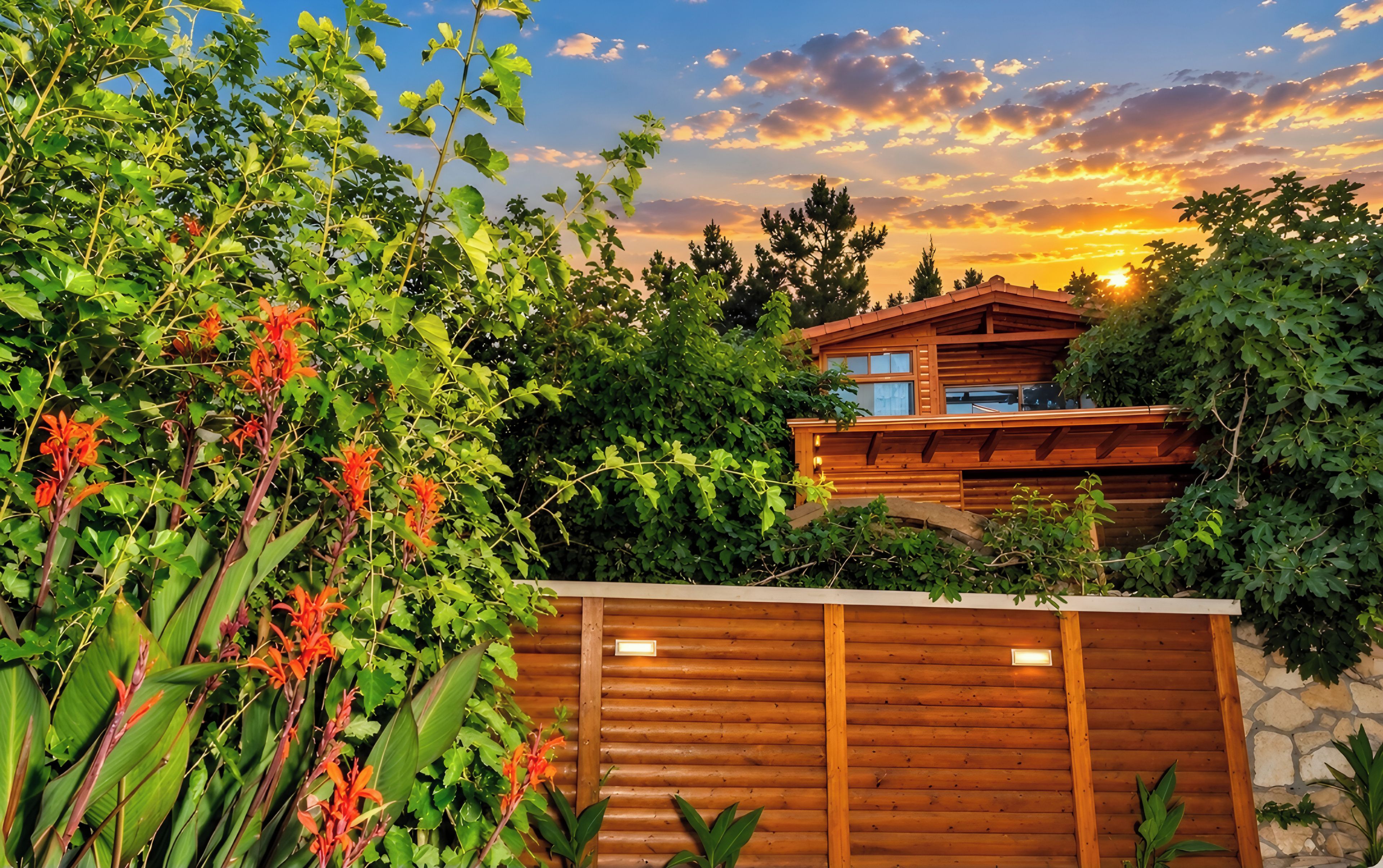 Una cabana de fusta amb mur de pedra i terrassa de fusta, envoltada de vegetació i arbres frondosos.