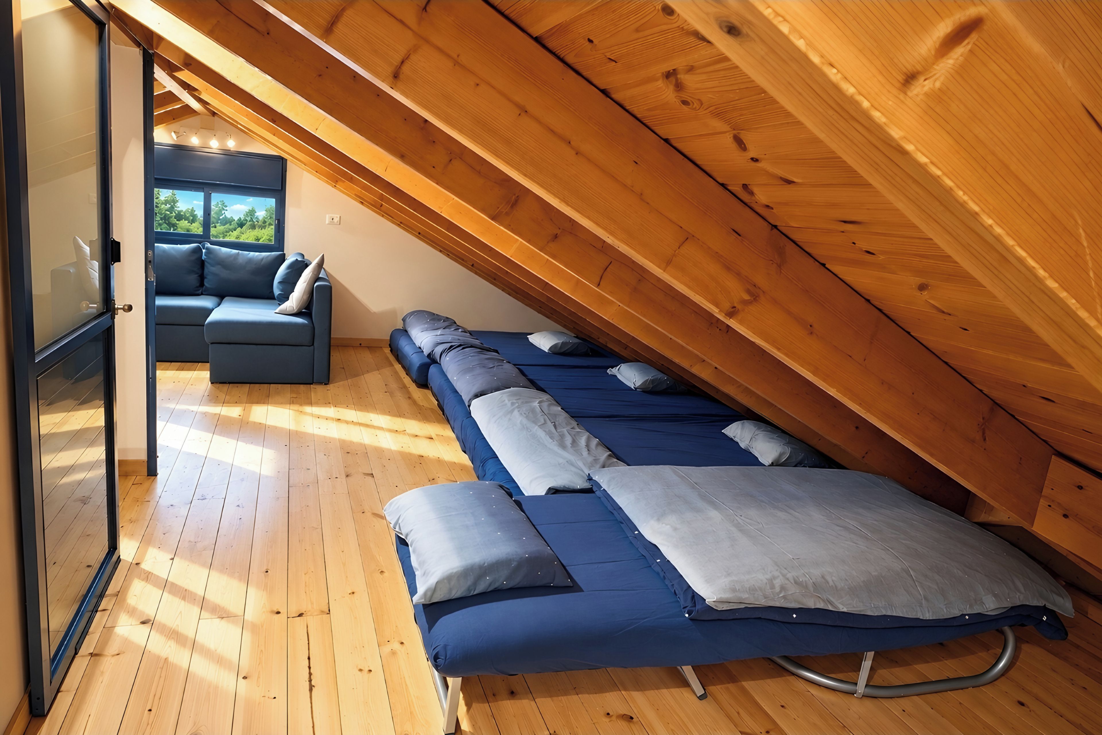 A room with a sloped ceiling, a sofa, and a bed with pillows.