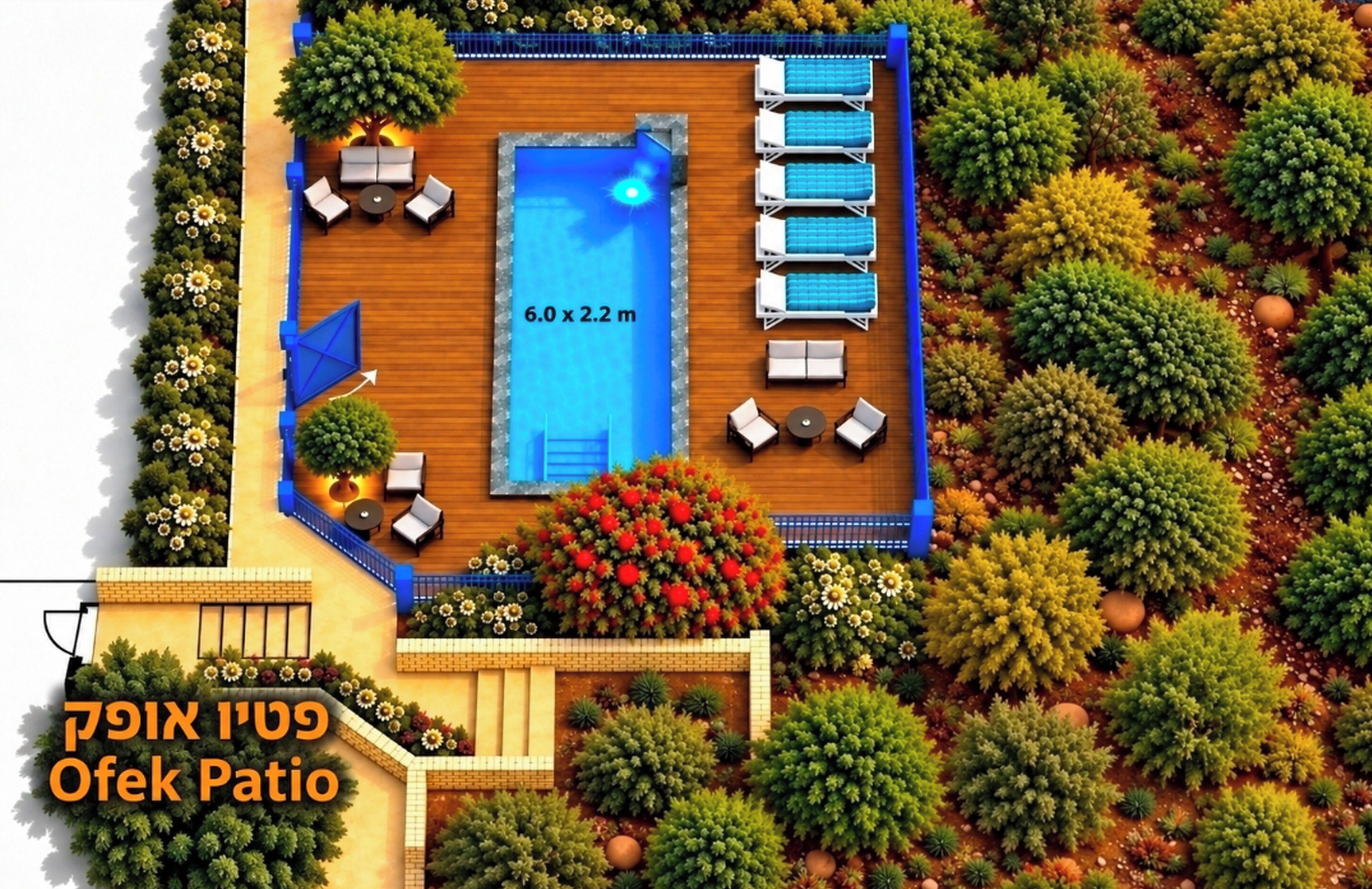 A 6.0 x 2.2 m pool with lounge chairs and a small table, surrounded by various plants and a wooden deck.