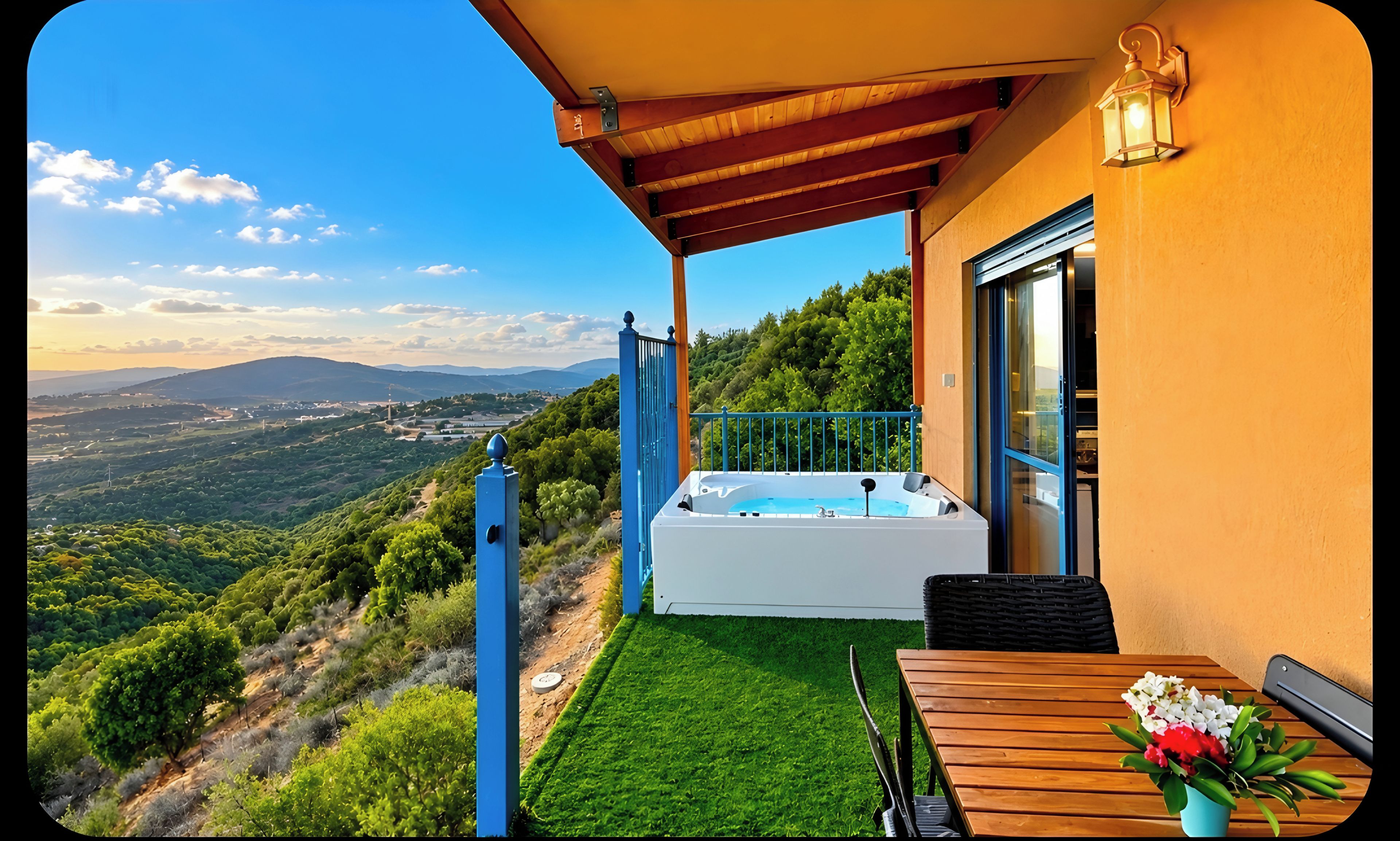 A balcony with a hot tub, a wooden table, and a view of a hilly landscape.