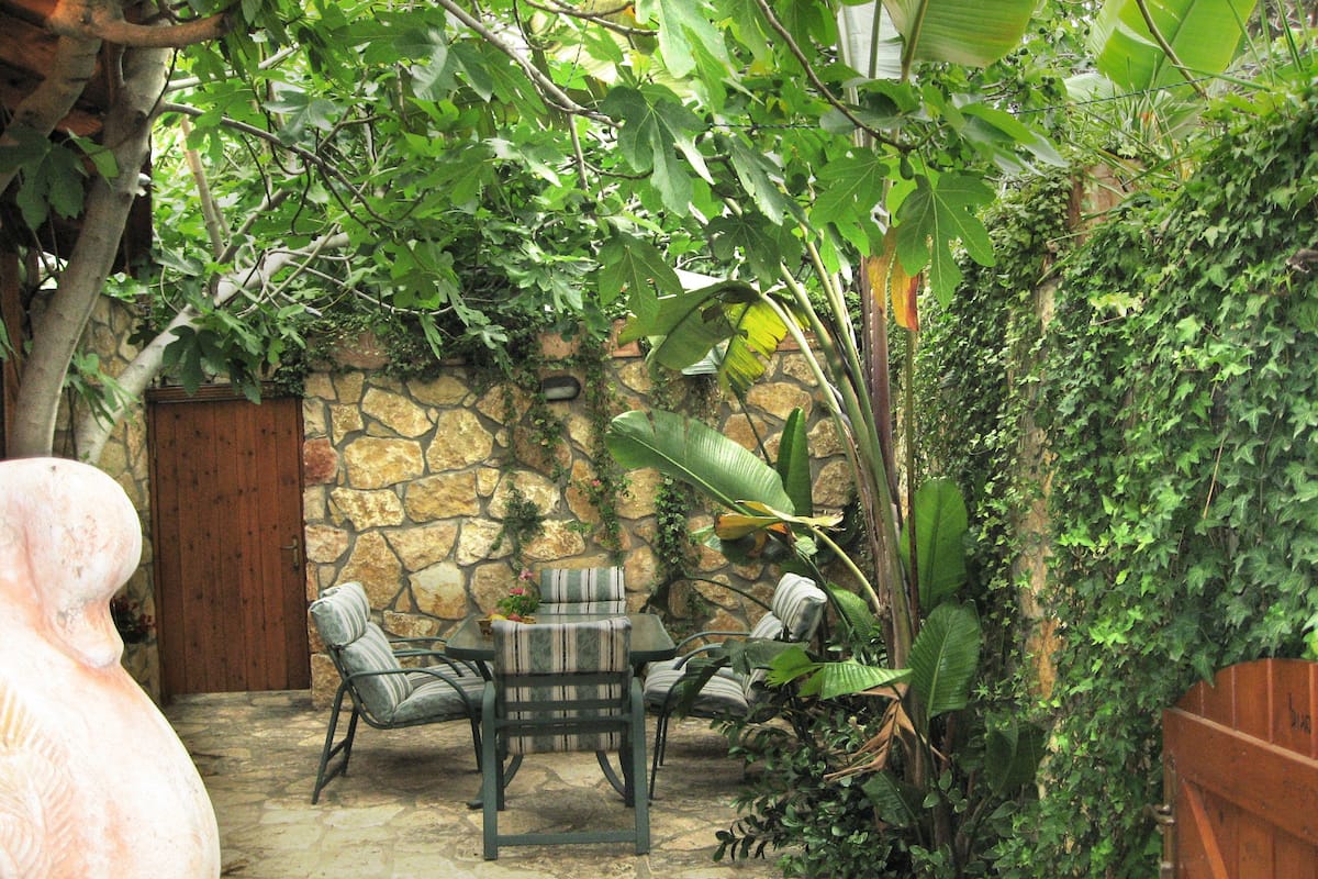 A stone wall with a wooden door, a stone patio with a table and chairs, and lush greenery.