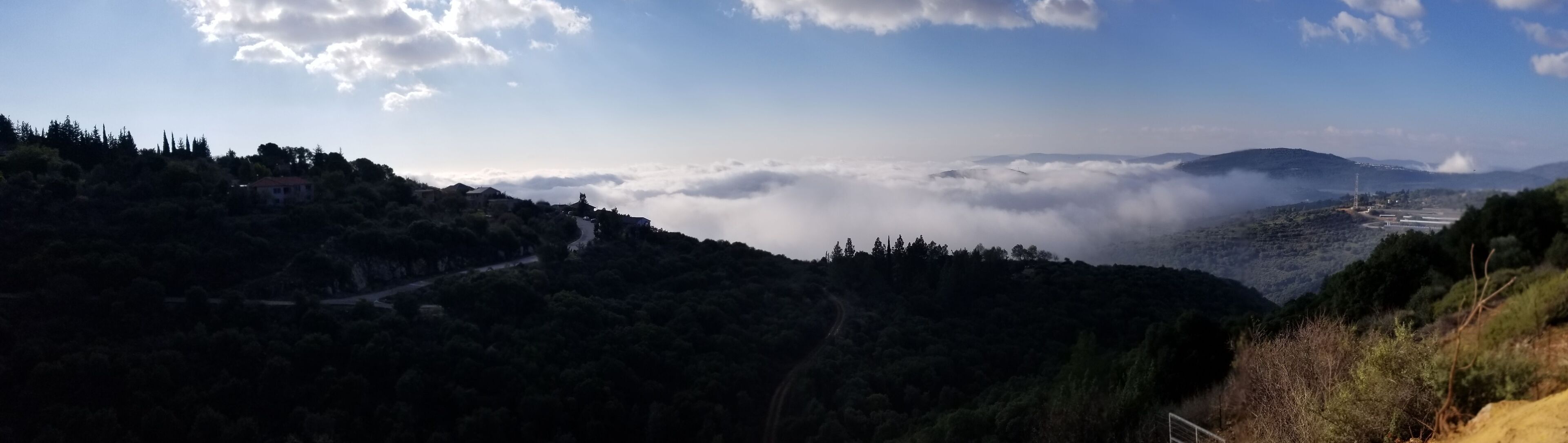A mountainous landscape with a road winding through dense forests, leading to a distant view of a valley shrouded in clouds.