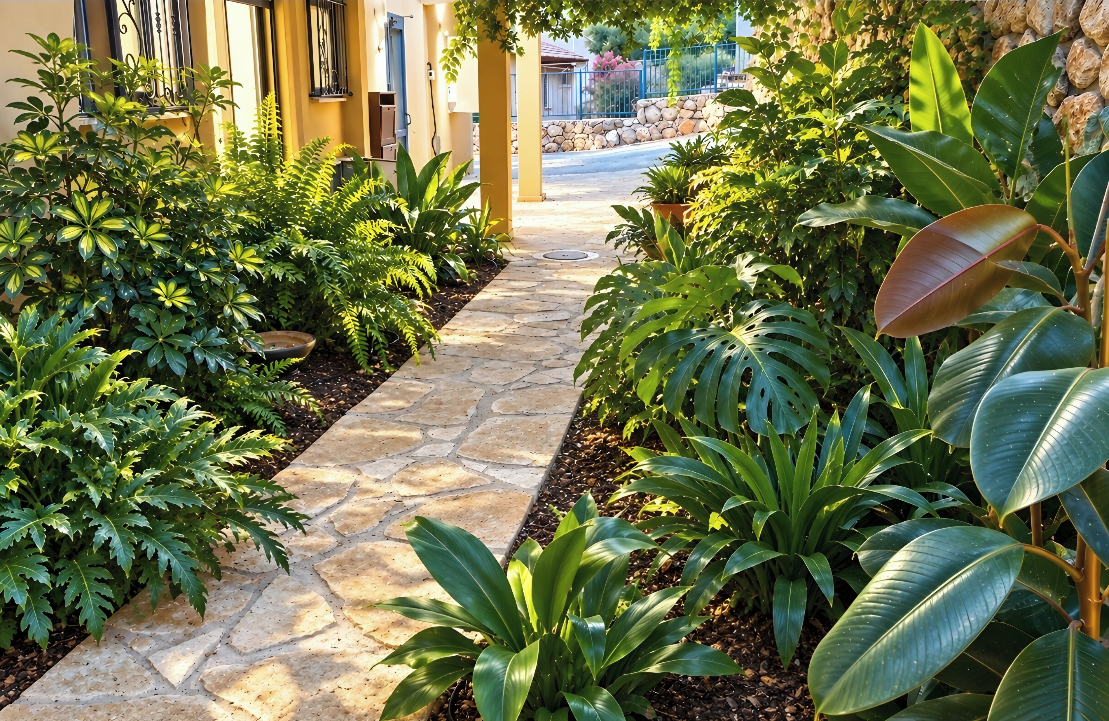 A stone pathway flanked by lush greenery and a stone wall.