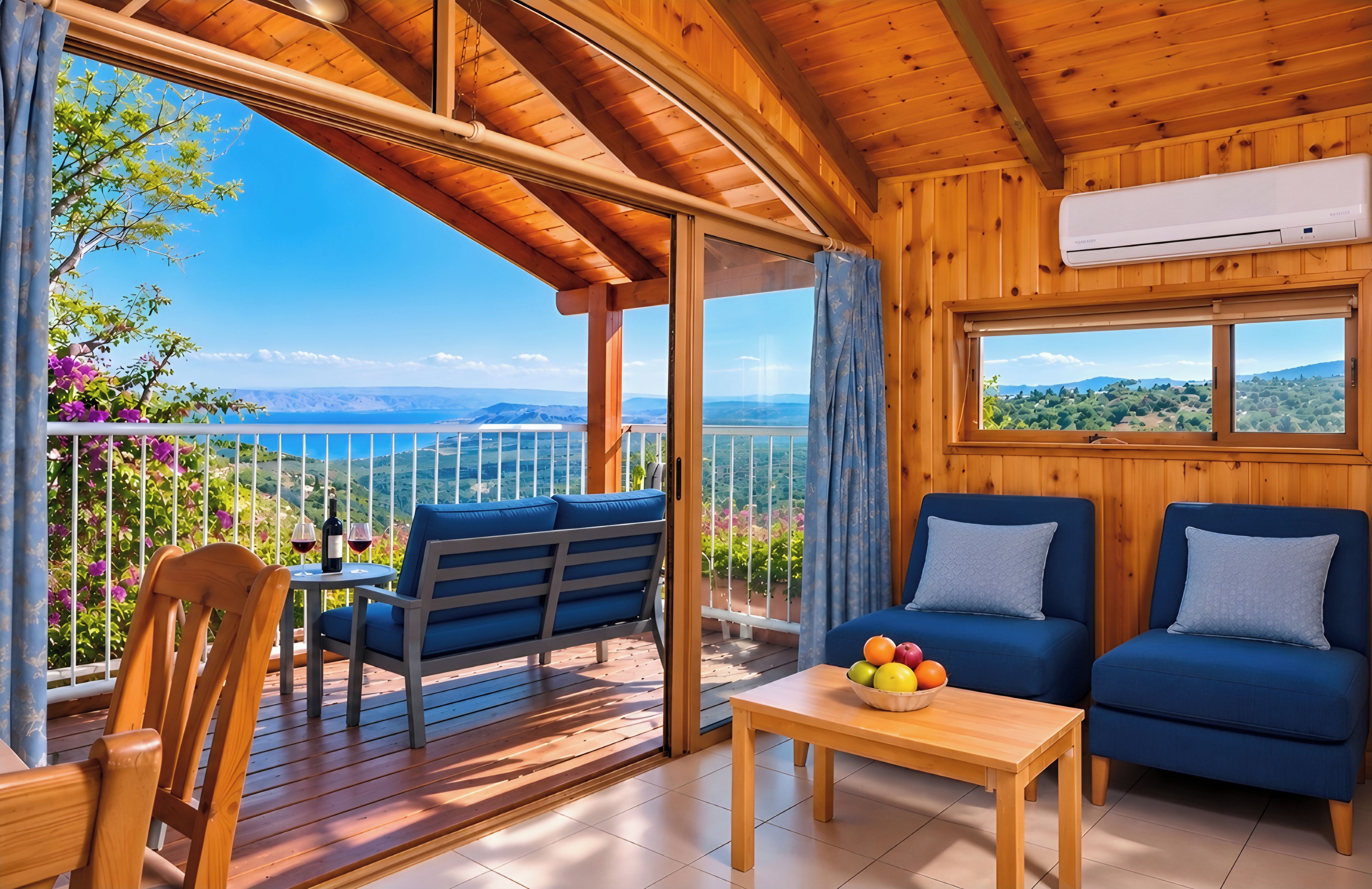 A wooden cabin with a balcony, furnished with a table, chairs, and sofas.
