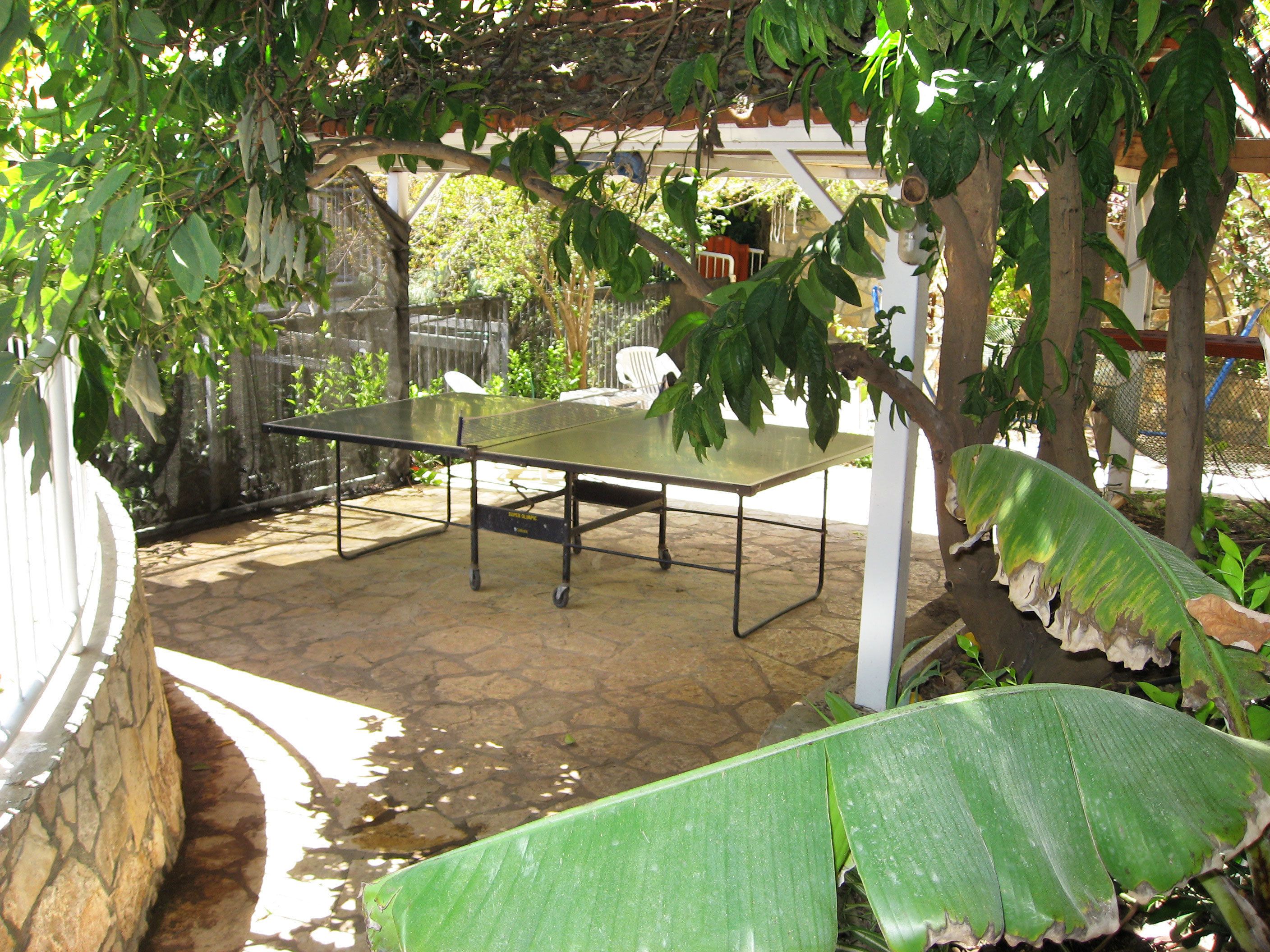 Une table de ping-pong installée dans un espace extérieur, avec un sol en pierre et entourée de verdure.
