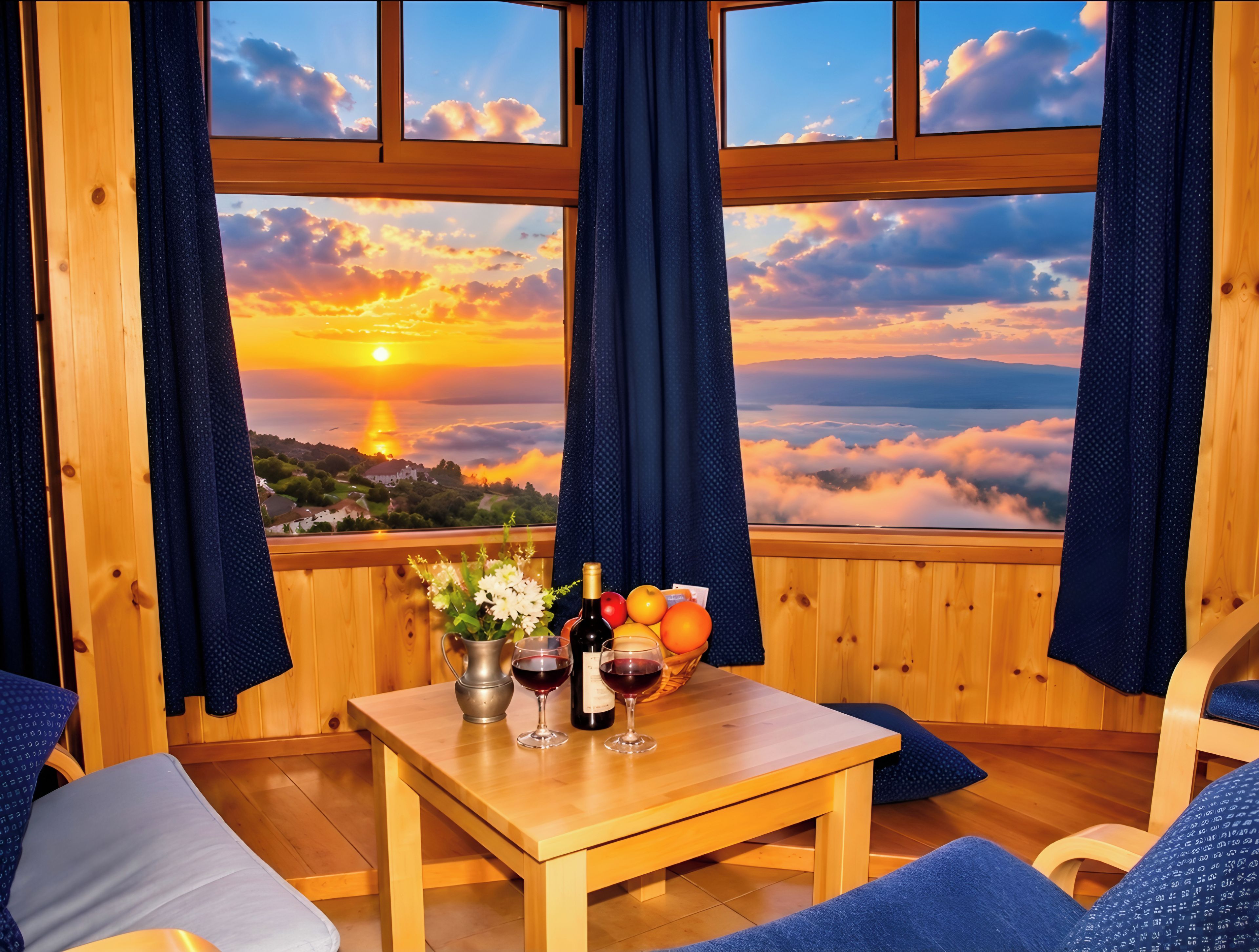 A room with a wooden table, a vase with flowers, and a bowl of fruit and wine glasses.