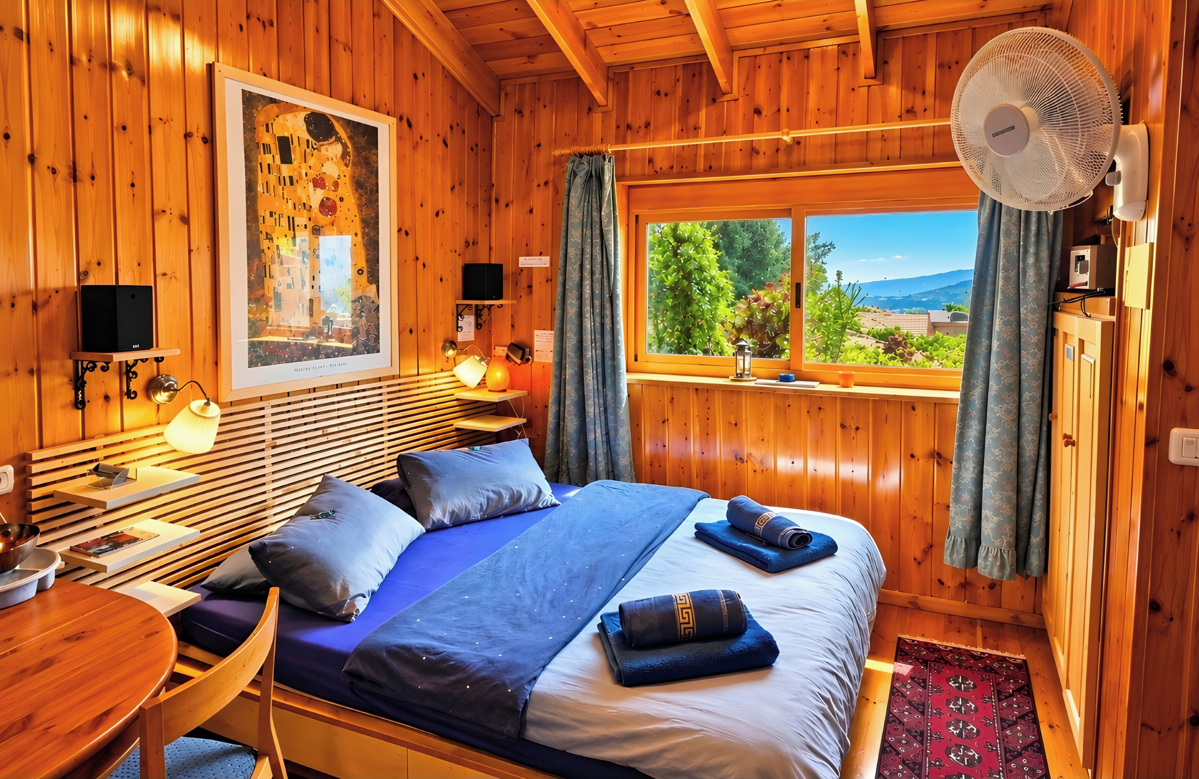 A wooden room with a bed, a desk, a fan, and a window with a view.