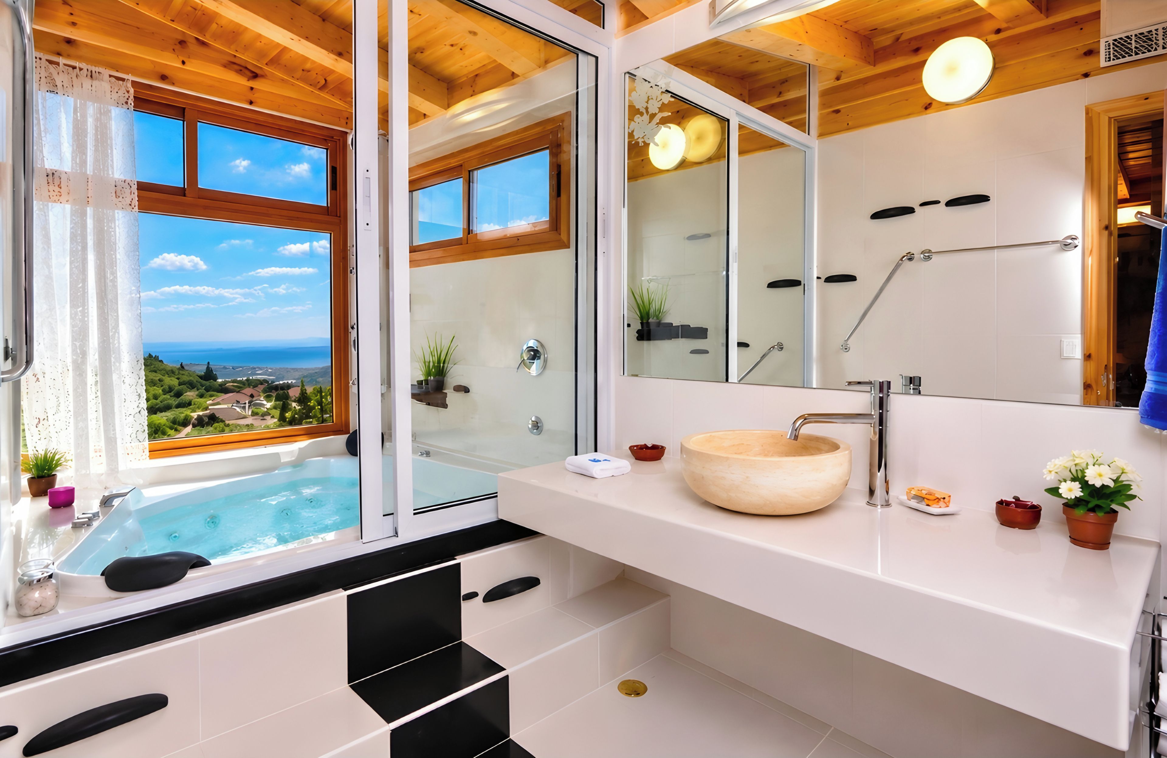 Une salle de bain moderne avec une grande fenêtre, une baignoire, un lavabo et une douche.