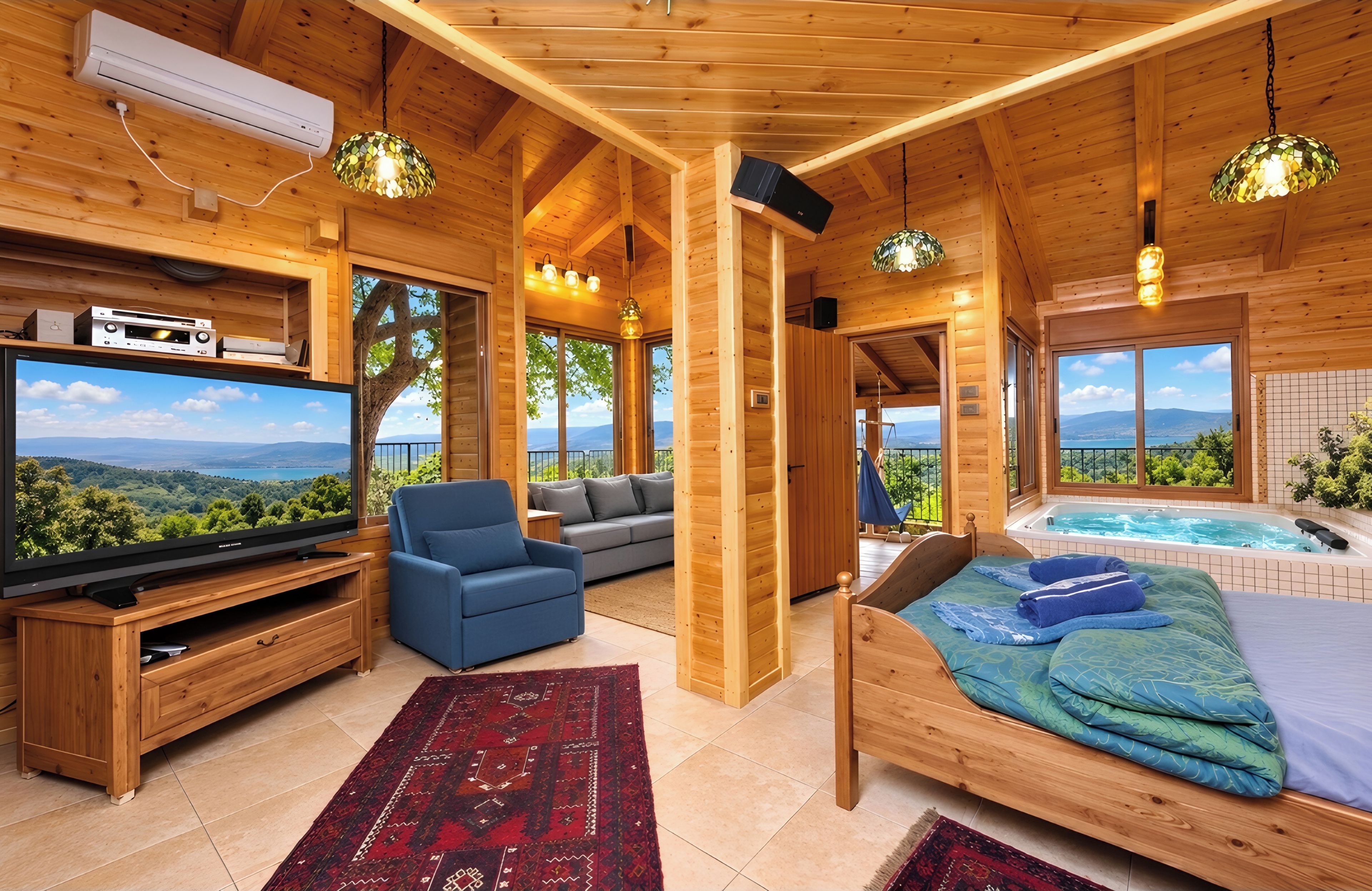 A wooden cabin interior with a TV, seating area, and a hot tub.