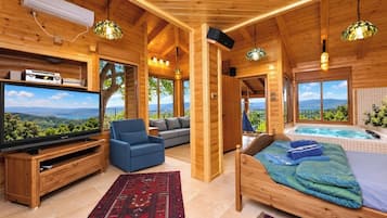 A wooden cabin interior with a TV, seating area, and a hot tub.