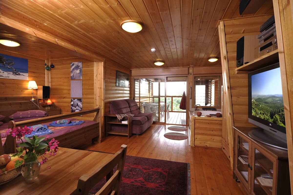 A wooden cabin interior with a sofa, a dining table with flowers, a television, and a large window.