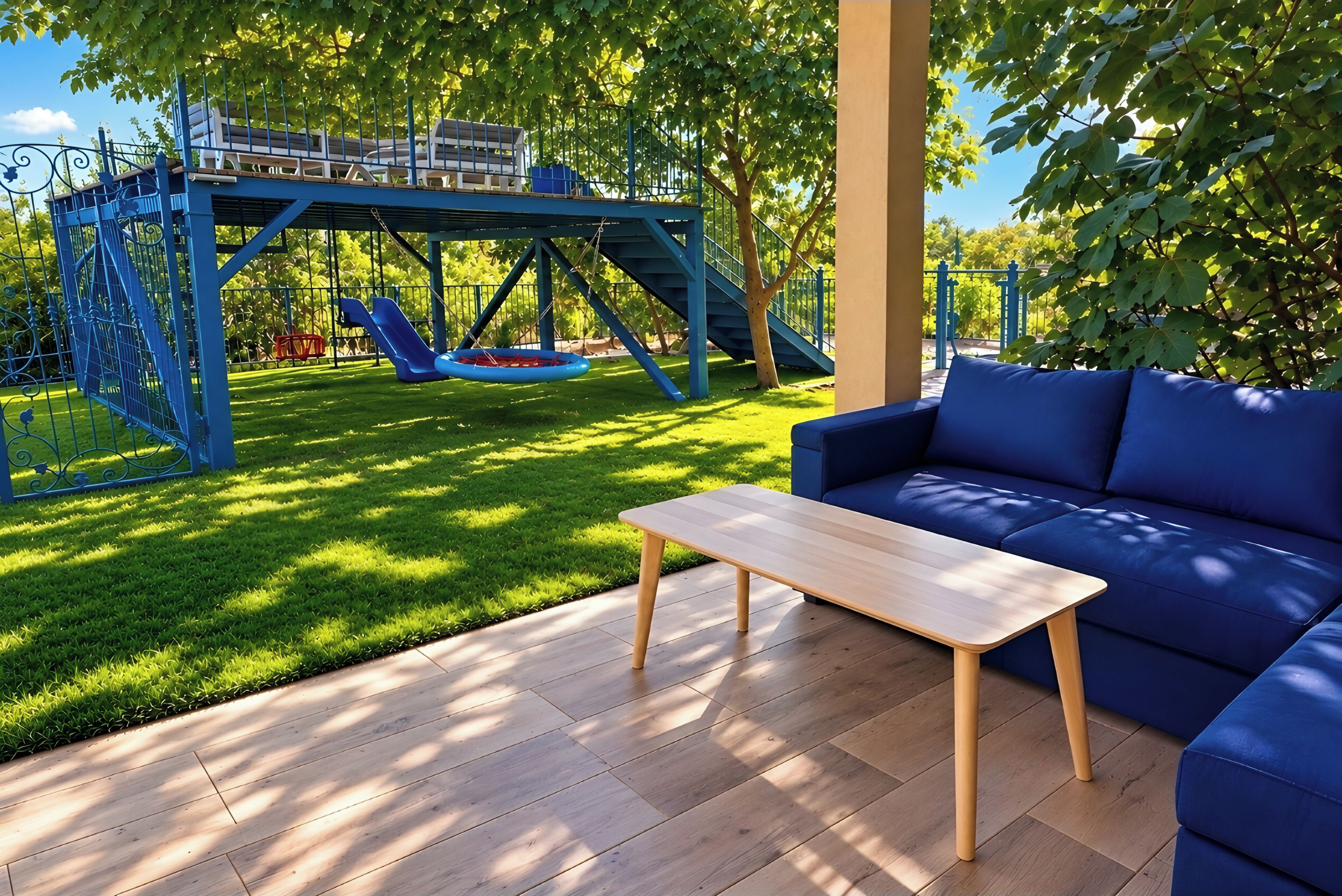 Un espacio de patio con un sofá azul, una mesa de madera y un columpio.
