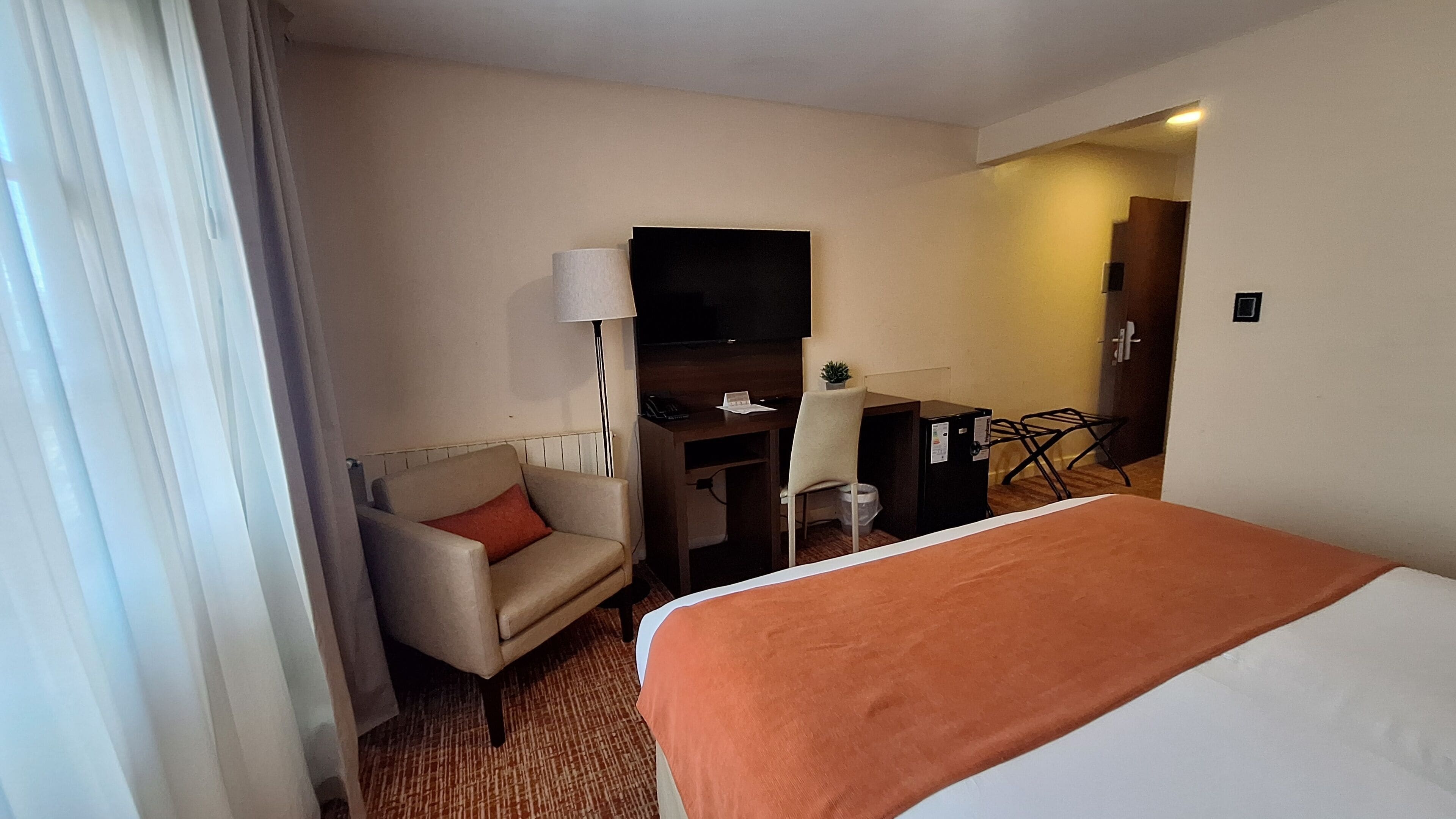 Una habitación de hotel con una cama, un escritorio, una silla, un televisor y una planta pequeña.