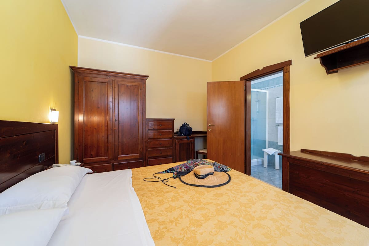 A hotel room with a bed, wooden wardrobe, a desk, and a television.