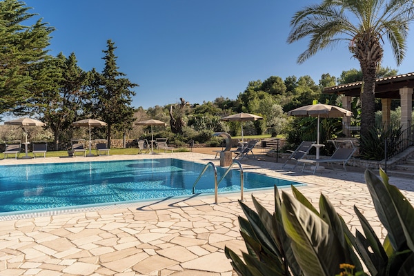 Een seizoensgebonden buitenzwembad en parasols bij het zwembad