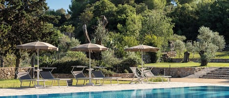 Seasonal outdoor pool, pool umbrellas