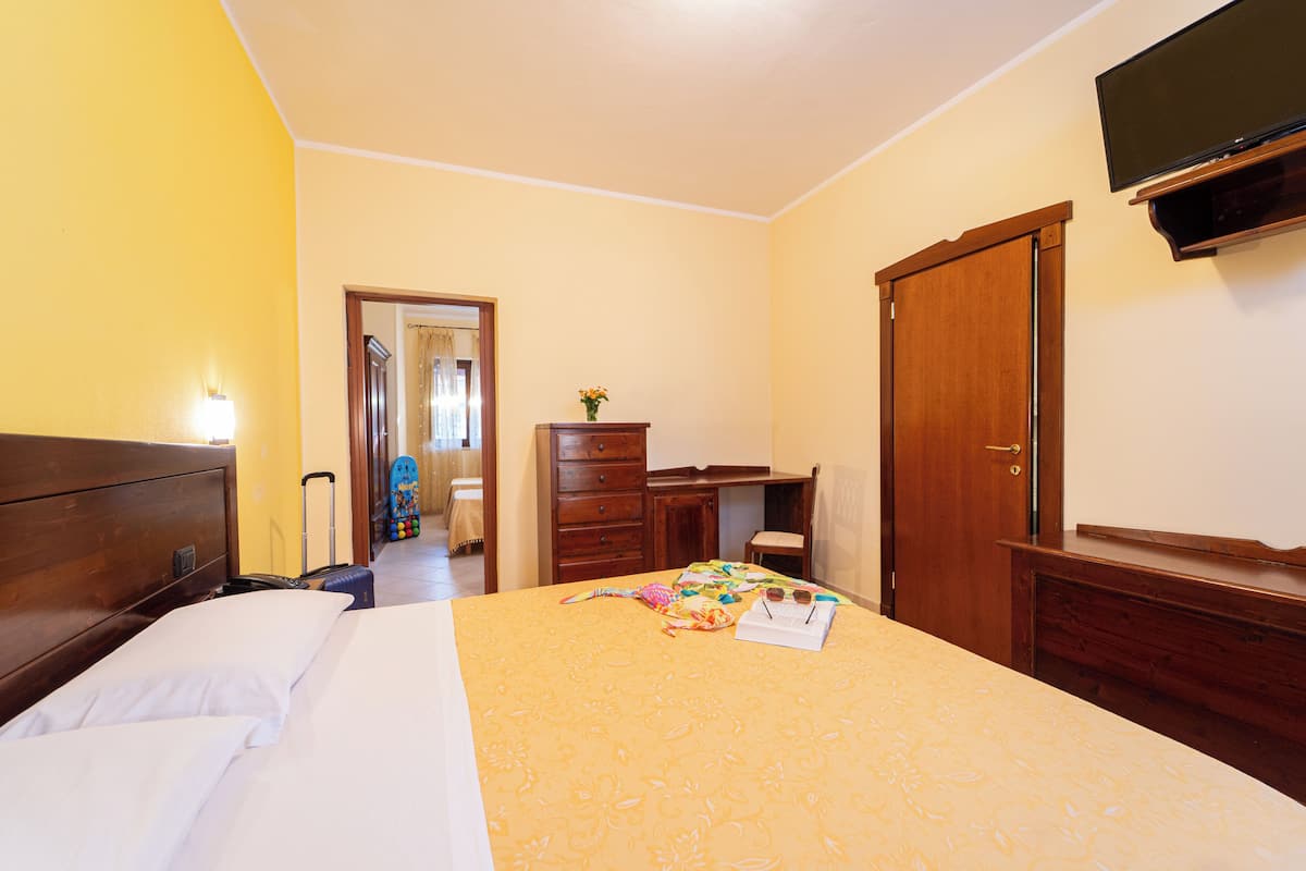 A hotel room with a bed, a desk, a wardrobe, and a television.