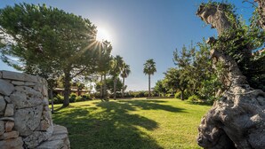 A stone wall, a grassy lawn, and trees in a sunny outdoor setting. - Hotel Masseria Le Pajare (Presicce-Acquarica)