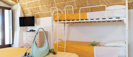 A room with bunk beds, a television on the wall, a handbag, and a small table with a plant.